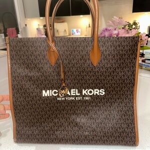 Michael Kors Brown MK Logo Messenger Tote with Tan Trim